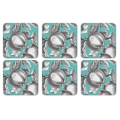 Image of Portmeirion Home &amp; Gifts Pomona Turquoise Cork Backed Coasters Set of 6, Multi Coloured, 10.5 x 10.5cm
