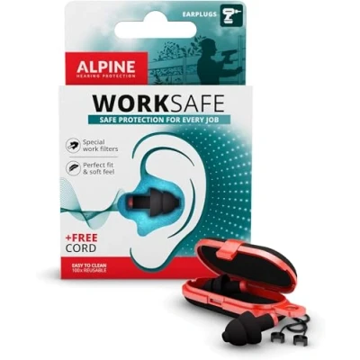 Image of Alpine WorkSafe Ear Plugs Hearing Protection for DIY and Work Reduce Machine noises protect ears from Dust Free Safety Cord Comfortable Hypoallergenic Material Reusable earplugs
