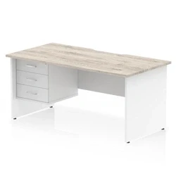Image of Impulse 1600 x 800mm Scalloped Edge Straight Office Desk Grey Oak Top White Panel End Leg Workstation 1 3 Drawer Fixed Pedestal