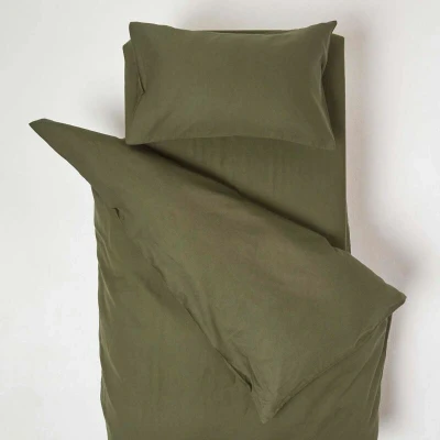 Image of HOMESCAPES Soft Linen Dark Green Cot Bed Duvet Cover Set 120x150cm Textured Natural French Flax &amp; Pure 100% Cotton Toddler Bedding with 40x60cm Pillowcase Hypoallergenic Easy Care