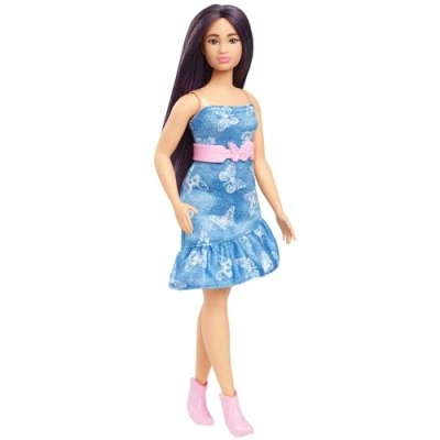 Image of Barbie Fashionistas Doll #231 with Purple Hair, Wearing Strapless Denim Butterfly Print Dress Pink Belt and Boots, HYT89