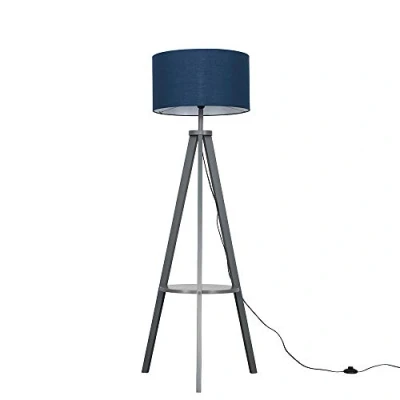 Image of MiniSun Modern Grey Wood Tripod Design Floor Lamp with Storage Shelf &amp; Navy Blue Drum Shade Complete a 6w LED Bulb [3000K Warm White]