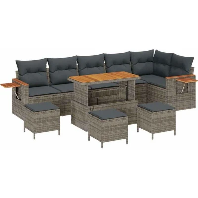 Image of vidaXL 10 Piece Garden Sofa Set with Cushions Grey Poly Rattan Acacia
