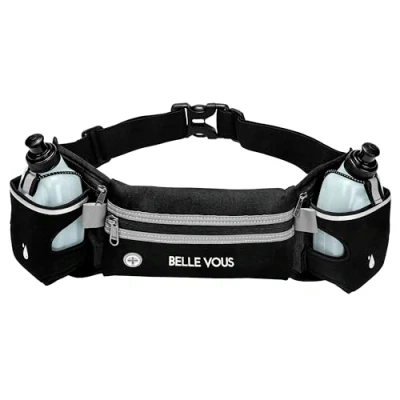 Image of BELLE VOUS Adjustable Running Belt with 2 Water Bottles x 250ml/8.5oz &amp; Reflective Waist Bag/Pouch for Phone Waterproof Hydration Holder Marathon Running, Hiking and Fitness