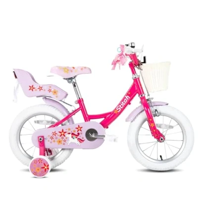 Image of STITCH Unicorn 16 Inch Girls Bike for 4 7 Years Old Kids, with Basket&amp;Stabilisers&amp; Doll Seat,Purple…