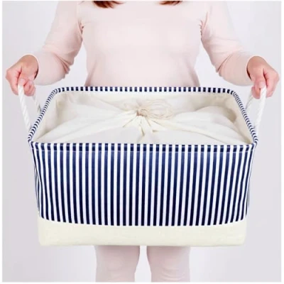 Image of Mangata Foldable Storage Box, Thickened Fabric Shelf Basket with Handles for Clothes, Toys(XXLarge, Blue Stripe)