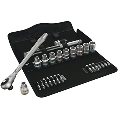 Image of Wera 05004077001 8100 SC 7 Zyklop Metal Ratchet Set with push through square, 1/2&quot; drive, metric, 28 pieces