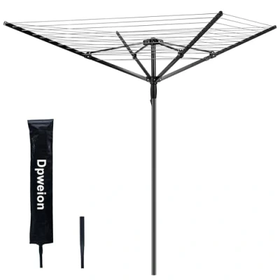 Image of DPWEION 4 Arm 50M Heavy Duty Folding Rotary Washing Line for Outdoor/Garden Portable Large Clothes Airer Dryer with Metal Ground Spike/Cover(Black)