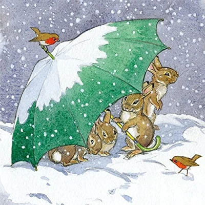 Image of Museums &amp; Galleries Artistic Pack of 8 Charity Christmas Cards &#039;Rabbits and Robins Sheltering Under an Umbrella&#039; 1 Design