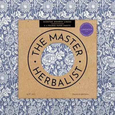 Image of The Master Herbalist Fragrant LAVENDER Scented Drawer Liners in a BLUE William Morris Design Pack of 5 Sheets (FOLDED) Contains Essential Oil Made UK