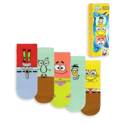 Image of SPONGEBOB SQUAREPANTS Socks 5 Pack Kids Teens Girls Boys Multicolour Patrick Squidward Mr Krabs Plankton Footwear Accessories
