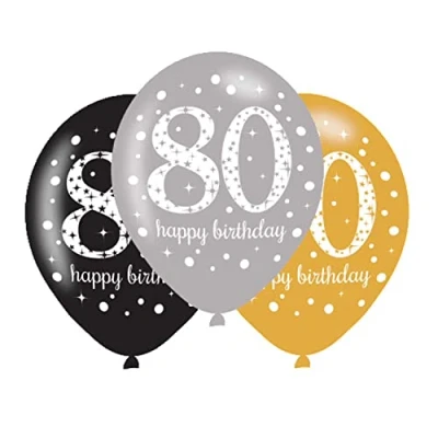 Image of amscan 10022464 Assorted 80th Birthday Latex Balloon Decoration 6 Pcs, 80, Gold