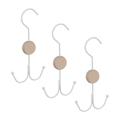 Image of Relaxdays Set of 3 Belt Holder, 2 Hooks Each for Bags, Ties etc, Wardrobe Organiser, Metal, Wood, 21.5x11x1.5cm, White, 80% 20%