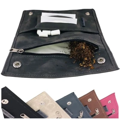 Image of Ciggy Jumper Tobacco Bag in Used Leather with Papers Compartment, Twist Filters Grey Double