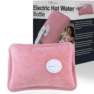 Image of URCHOICE Rechargeable Electric HOT Water Bottle Cozy Hand Warmer &amp; U Neck Heat Pad Soft Cosy, Fast Heating Ideal for Relaxation Massage (Electric Pink)