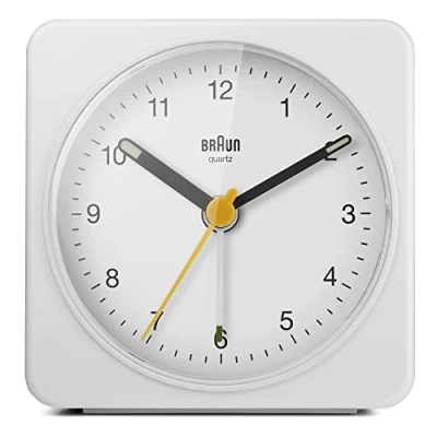 Image of Braun Classic Analogue Alarm Clock with Snooze and Light, Quiet Quartz Sweeping Movement, Crescendo Beep in White, model BC03W.