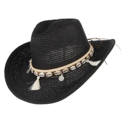 Image of GEMVIE Women&#039;s Summer Straw Cowboy Cowgirl Hat Sun Hats Wide Brim Beach Holiday with Shell Band Black