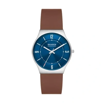 Image of Skagen Men&#039;s Grenen Three Hand Date Watch With Steel Mesh or Leather Band, Silver/Brown,