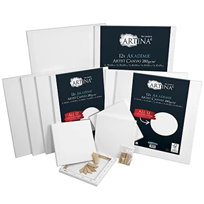 Image of Artina FSC Canvas Set 12pcs Akademie 20x20, 20x30, 30x30, 30x40, 40x60 cm 100% Cotton Stretcher Frame 280 g/m² Blank Canvases for Art Acrylic, Watercolour &amp; Oil Painting