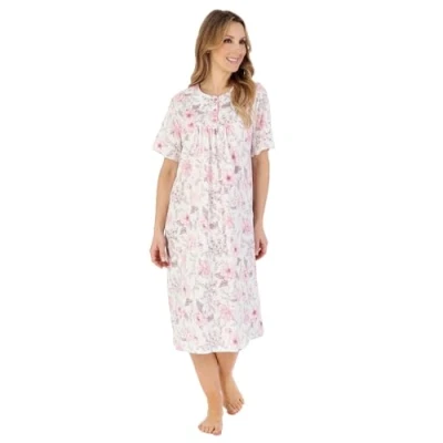 Image of Slenderella Peony Short Sleeve Cotton Jersey 42 Inch Nightdress (24/26, ivory)