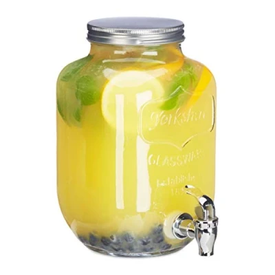 Image of Relaxdays Ice Beverage Glass 3,5 L, Tap, Retro Juice Decanter, Transparent Vintage Lemonade Dispenser, 25.5 x 15 18 cm