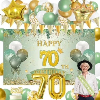 Image of 70th Birthday Decorations for Women Men, Sage Green 70 Years Old Party Kit With Happy Banner Balloon, Number Foil Sash, Cake Topper