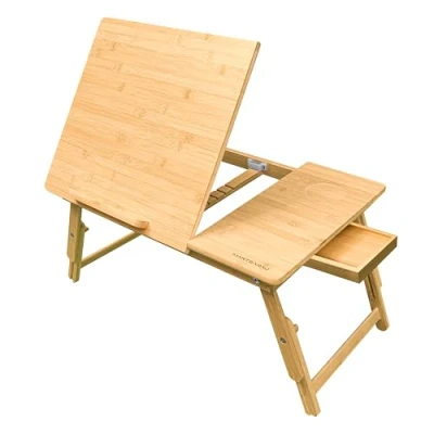 Image of MantraRaj Bamboo Laptop Desk 52x35cm Adjustable Height 22 30cm with Drawer Ideal for Bed, Sofa or Floor, Perfect Work, Study, Breakfast, Dinner Lapdesk Study Table Bed Stand