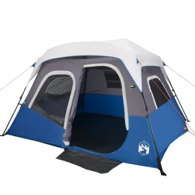 Image of vidaXL Camping Tent with LED Light Large Cabin Shape, Water Resistant, Green, Spacious 344x282x212 cm, Mesh Ventilation, E port, 6 person
