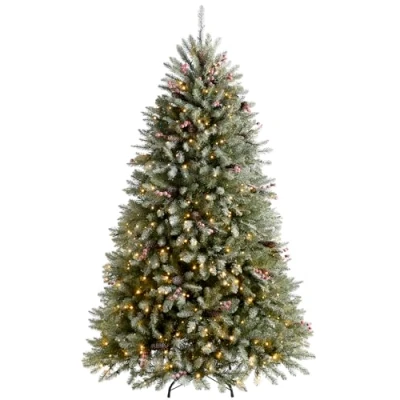 Image of WeRChristmas Pre Lit Decorated Snow Flocked Christmas Tree with 600 Warm White LED Lights, Green/White, 7 feet/2.1 m