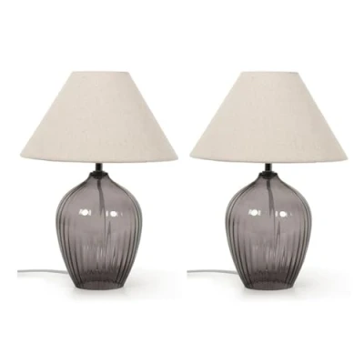 Image of Pair of Grey Glass Base Table Lamp with Fabric Tapered Lampshade Living Room Bedroom Bedside Light