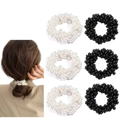 Image of 6 Pcs Crystal Hair Ties Elastic Scrunchies Pearl Ropes Bead Ponytail Holders Wrist Bands for Women and Girls(Color B)