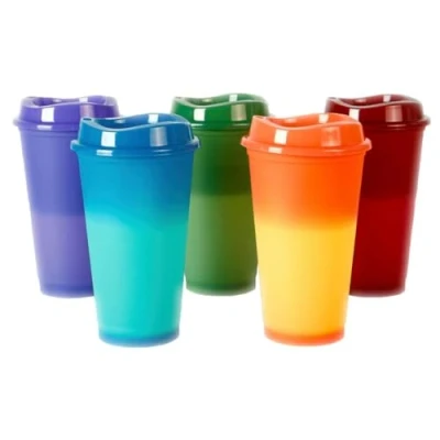 Image of JZF Reusable Color Changing Coffee Cups, 5 Pcs 16 oz/473 ml Plastic Cups with Lids, Quality &amp; Splash Proof Water Travel Cup to Go