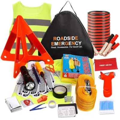 Image of Emergency Breakdown Kit, 76 in 1 Multifunctional Roadside Assistance Car Kit with Jumper Cables, Tow Rope, Triangle, Flashlight, Safety Hammer, etc