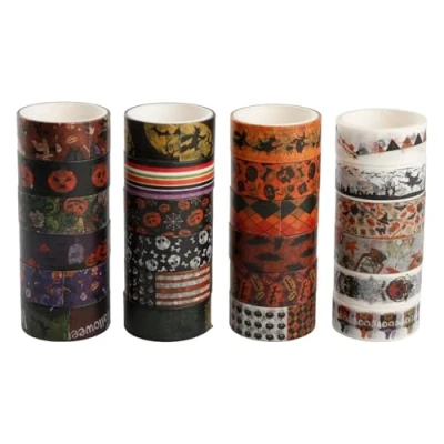 Image of Tabanzhe Halloween Washi Tape Set 24 Rolls Masking Decorative for Gift Wrapping Pumpkin Bat Skull Paper Film Craft Supplies DIY Scrapbook Planner Bullet Journal Decor