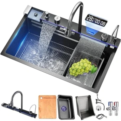 Image of TULAZOU Kitchen Sink, T304 Stainless Steel Multifunctional Waterfall Built in Sink with Digital Tap and Various Accessories (75 x 45 cm)