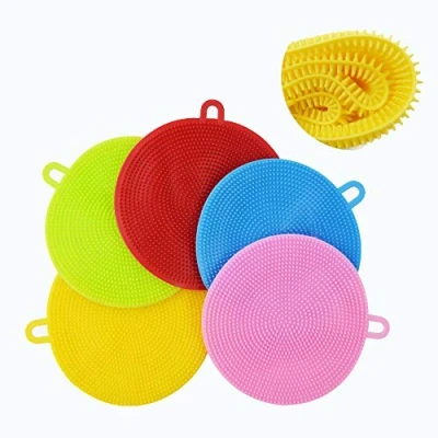 Image of AOLANS Silicone Dish Scrubber 5 Pack Sponge Washing Brush Sponges Kitchen Vegetable Household Cleaning Veggie Food Grade kitchenware Accessories (5 Color)