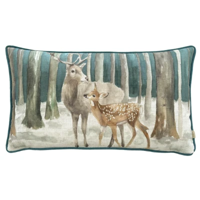 Image of Evans Lichfield Stag Scene Piped Velvet Feather Filled Cushion Teal One Size