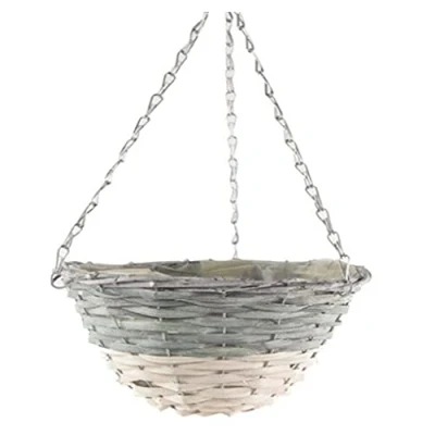 Image of Siam Express 2 x 12 Garden ROUND Shaped Wooden Hanging Baskets Grey/White Indoor Outdoor Planter Weave Rattan Wicker