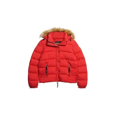 Image of Superdry Women&#039;s Faux Fur Short Hood Puffer Jacket, High Risk Red, UK 12