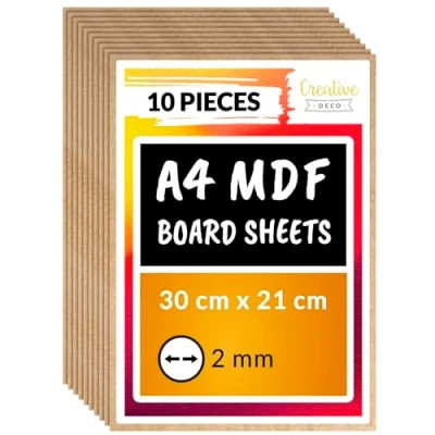 Image of Creative Deco 10 x A4 MDF Board Sheet 300 210 2mm Wood Wooden Blank for Drawing, Home Decor, Art and Craft, Painting, DIY Projects, Laser Cutter, CNC Cutting, Scroll Saw, Stenciling Pyrography
