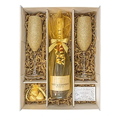 Image of Moët &amp; Chandon Impérial 75cl Gold Gift Set Hamper With 2 Matching Champagne Flutes, Chocolates and Box Golden Wedding, Congratulations for Lovers