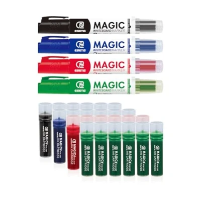 Image of ESENG® pack of 28 whiteboard markers, includes Magic WM 218 markers (1x4 colours) and 218T ink cartridges (1x6 black+1x6 blue+1x6 red+1x6 green)