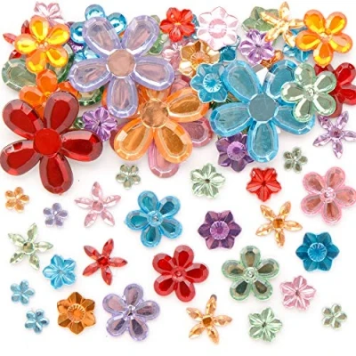Image of Baker Ross EK670 Self Adhesive Acrylic Flower Jewels, for Kids Arts and Crafts Embellishments (Pack of 180), Assorted