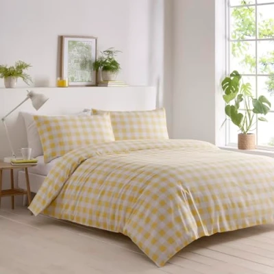 Image of Portfolio Home Gingham Check Yellow Double Soft Easy Care Bed Linen Bedding Duvet Cover Quilt Set With Pillow Cases