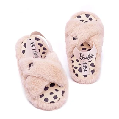 Image of Barbie Girls Slippers Kids Doll Logo Slip On Fluffy Pink House Sliders Children Teens Leopard Animal Insoles Cross Strap Shoes With Supportive