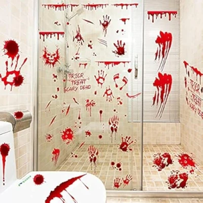 Image of Horror Halloween Stickers for Window, Scary Bloody Handprint Footprint Decorations Indoor, Window Clings/ Wall Cling/ Restroom Cling Decors/Halloween Party Supplies(9 Sheets )…