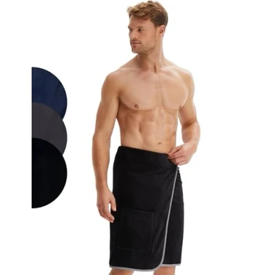 Image of Morgenstern Beach Towel Wrap Around Men black 23&quot;/60 cm long Cotton Hook and Loop Fastener on Waist Cover Up