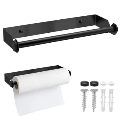 Image of 28CM Kitchen Roll Holder, Towel Holder with Srews, Wall Mounted, Paper for Bathroom Living Room Black