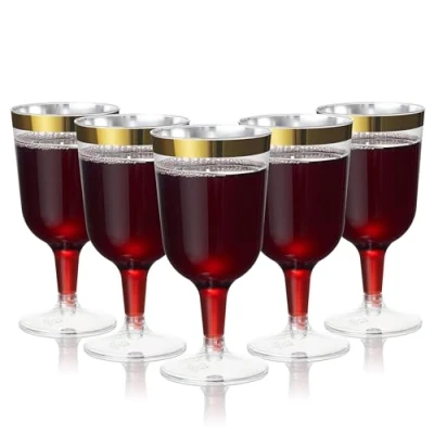 Image of MATANA 24 Elegant Clear Hard Plastic Wine Glasses with Gold Rim (180ml) Sturdy &amp; Reusable for Cocktails, Dessert Birthdays, Weddings, Christmas, BBQ, Picnic, Parties