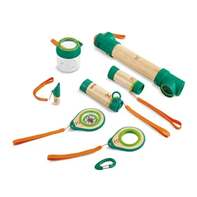 Image of Hape 8 in 1 Nature Fun Kids Bamboo Explorer Kit for Ages 4 Years &amp; Up with Working Flashlight, Telescope, Compass, Periscope, and Specimen Jar